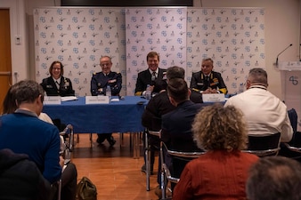 PARIS (Jan. 25, 2024) - Adm. Enrico Credendino, Chief of the Italian Navy; Chief of Naval Operations Adm. Lisa Franchetti; Chief of the French Navy Adm. Nicolas Vaujour; Royal Navy First Sea Lord and Chief of the Naval Staff of the United Kingdom Adm. Sir Ben Key, and Vice-Admiral Rajesh Pendharkar, Flag Officer Commanding-in-Chief Eastern Naval Command, Indian Navy, participate in a press conference during the Paris Naval Conference, Jan. 25. The conference, jointly hosted by the French Navy and the French Institute of International Relations, was themed, “The Evolving Role of the Carrier Strike Group.” (U.S. Navy photo by Chief Mass Communication Specialist Amanda R. Gray/released)