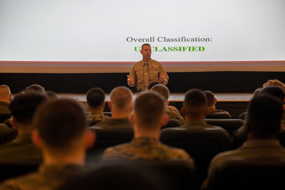 U.S. Marine Corps Maj. Gen. Michael J. Borgschulte, commanding general of 3rd Marine Aircraft Wing, speaks to enlisted Marines during a Direct Affiliation Program brief at Marine Corps Air Station Miramar, California, Jan. 19, 2024.