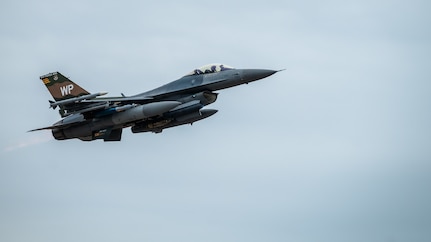 An F-16 Fighting Falcon takes off at Kunsan Air Base.