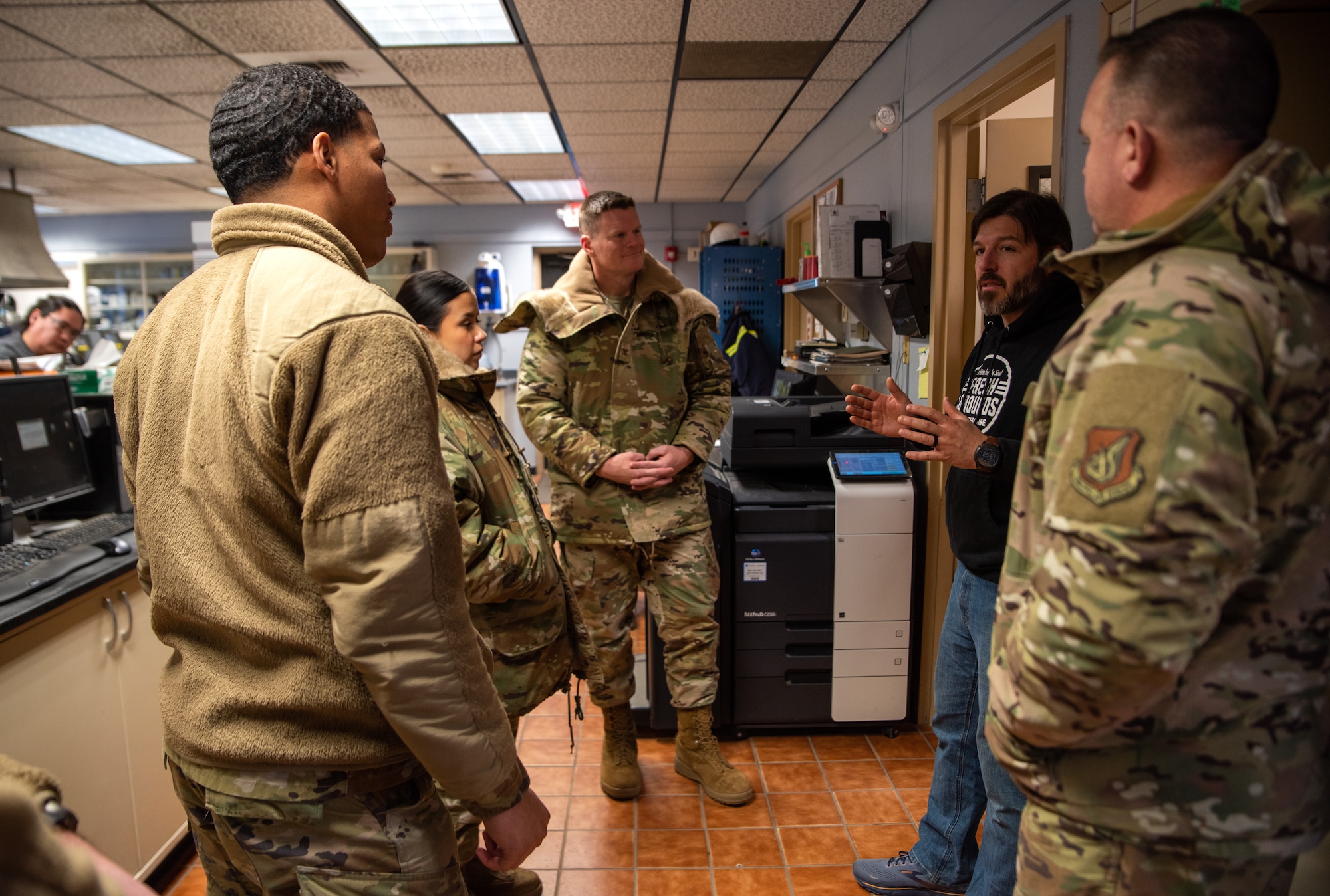 Benjamin Good, Petro Star Inc. employee, briefs Eielson Airmen assigned to the 354th Fighter Wing at the Petro Star Inc. Oil Refinery, North Pole, Alaska, on Jan. 22, 2024.
