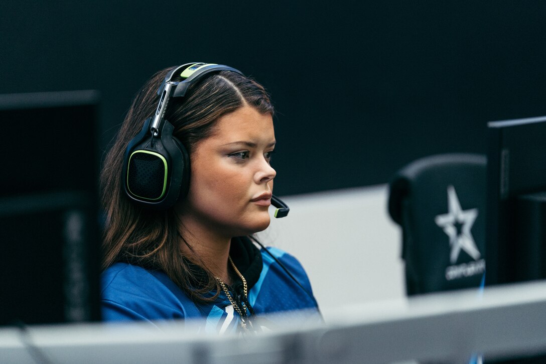 Air Force Senior Airman Allyson Stephenson pictured here leading Air Force to team bronze during the 2024 Armed Forces Esports Championship hosted by Navy at Complexity Gaming in Frisco, Texas.  Championship features teams from the Army, Marine Corps, Navy, Air Force, Space Force, and Coast Guard compete in Halo Infinite.  Courtesy Photo by Complexity Gaming - Released.