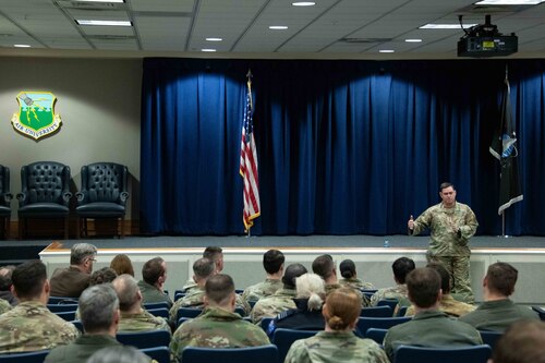 Chief of Space Operations Gen. Chance Saltzman addresses School of Advanced Air and Space Studies students at Maxwell Air Force Base, Ala., Jan. 23, 2024.