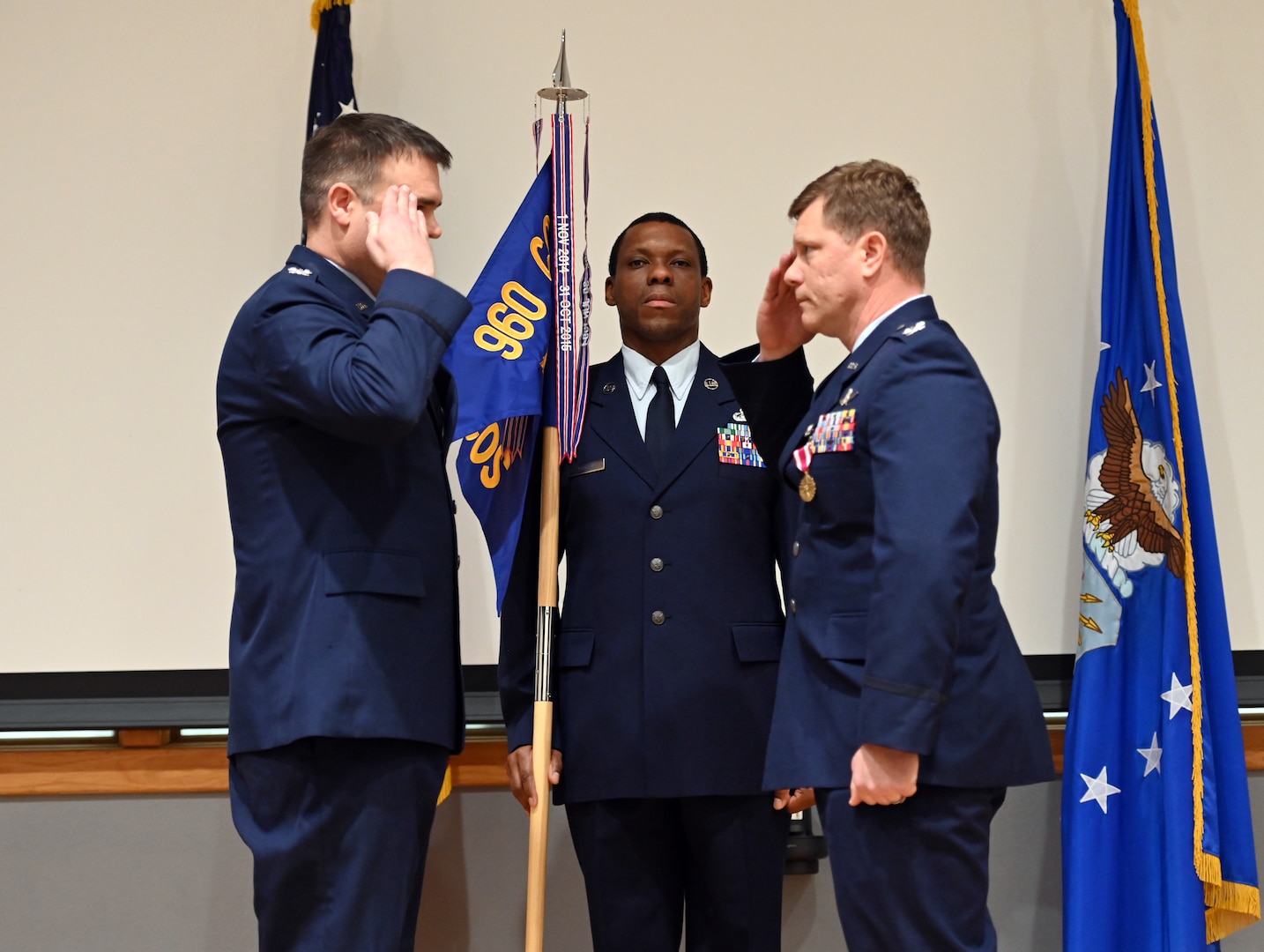 Col. Shaun Zabel renders a salute to Col. Richard Wallace upon assuming command of the 854th Combat Operations Squadron at Joint Base San Antonio-Kelly Annex, Texas on Jan. 6, 2024. (U.S. Air Force photo by 2d Lt Alex Dieguez)