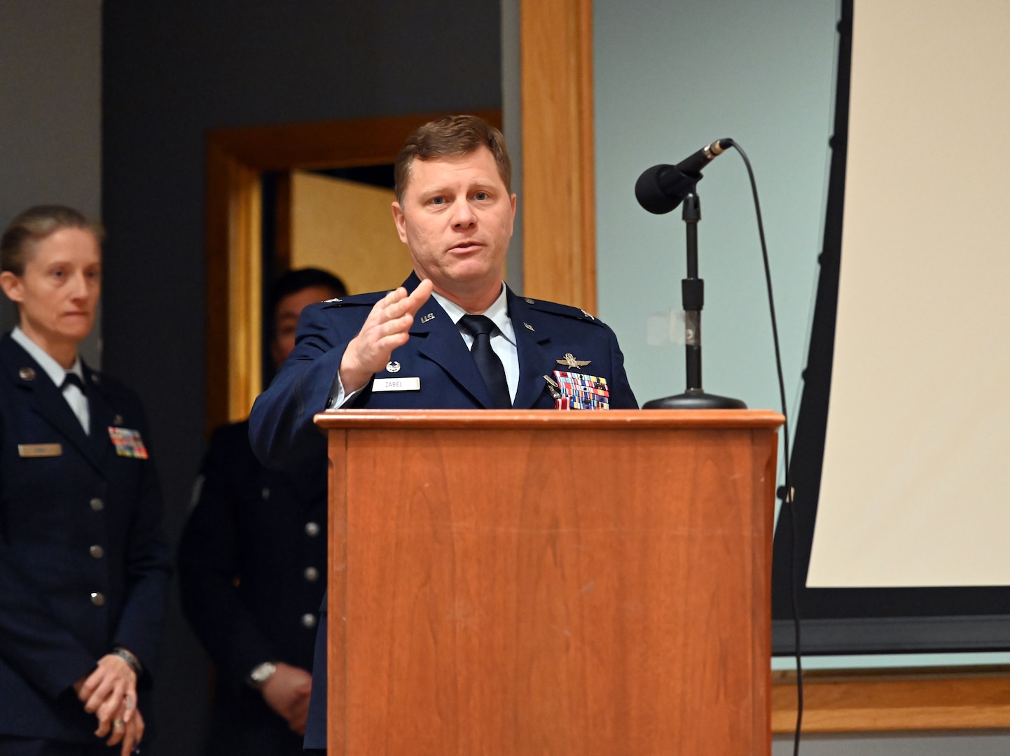 Col. Shaun Zabel expresses his gratitude and offers his expectations for leading the 854th Combat Operations Squadron during the unit assumption of command ceremony at Joint Base San Antonio-Kelly Annex, Texas on Jan. 6, 2024. (U.S. Air Force photo by 2d Lt Alex Dieguez)
