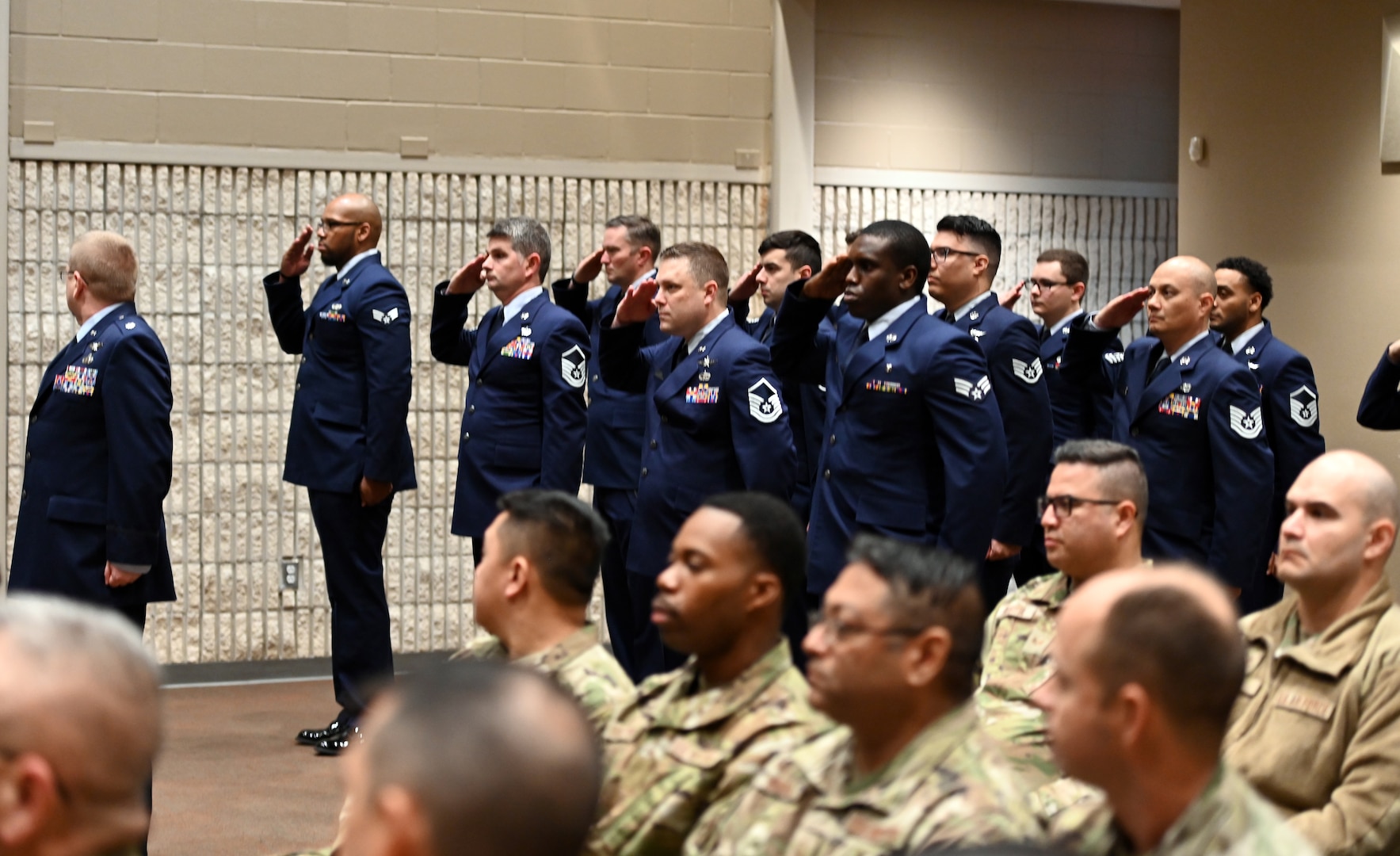 Members of the 854th Combat Operations Squadron render their first salute to the unit’s new commander, Col. Shaun Zabel at Joint Base San Antonio-Kelly Annex, Texas on Jan. 6, 2024. (U.S. Air Force photo by 2d Lt Alex Dieguez)