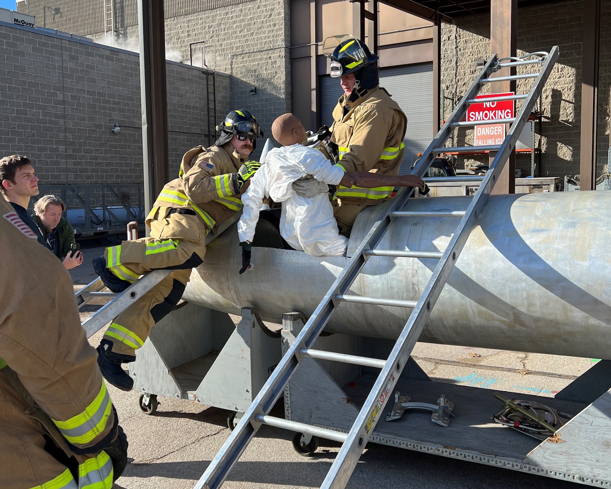 To ensure maintainers tasked with working on the B-52 Stratofortress's 700-gallon fuel tank could be safely rescued, the 309th Commodities Maintenance Group ran a joint exercise with the 775th Civil Engineering Squadron Fire and Emergency Services Flight. (Courtesy photo)