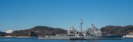 240126-N-YQ181-1113 YOKOSUKA, Japan (Jan. 26, 2024) The Ticonderoga-class Guided Missile-Cruiser USS Antietam (CG 54) departs Yokosuka, Japan, Jan. 26. USS Antietam departed Yokosuka for the final time before transiting to its new homeport of Pearl Harbor, Hawaii, as part of a planned rotation of forces in the Pacific. (U.S. Navy photo by Mass Communication Specialist 2nd Class Askia Collins)