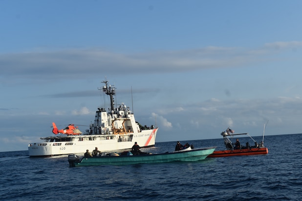 Coast Guard Cutter Resolute’s law enforcement team board a suspected drug trafficking vessel on the Eastern Pacific Ocean, Dec. 10, 2023. The Resolute is homeported in St. Petersburg, Fla and was deployed to the Eastern Pacific Ocean conducting counter narcotics operations in support of Joint Interagency Task Force South. (U.S. Coast Guard Cutter Resolute photo)