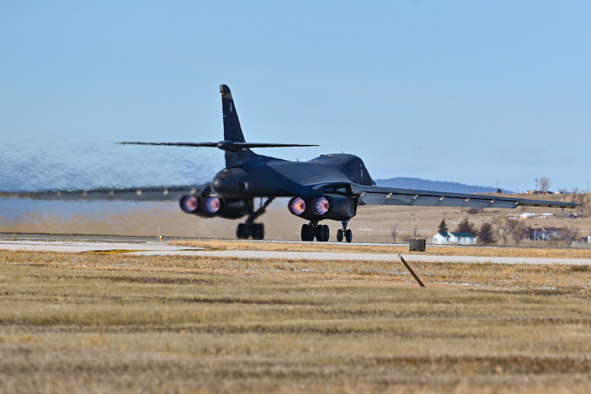 A B-1B Lancer assigned to the 37th Bomb Squadron taxis on the flightline at Ellsworth Air Force Base, South Dakota, Jan. 25, 2024. The bombers took off for training missions that will conclude with the aircraft landing at Dyess Air Force Base, Texas. (U.S. Air Force photo by Staff Sgt. Jake Jacobsen)