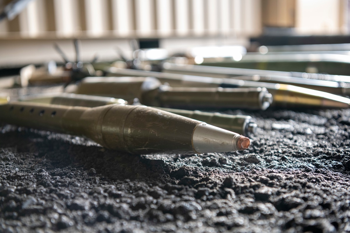 Training UXOs (Unexploded Ordnance) lay lined up during the HABU exercise at Misawa Air Base, Japan, Jan. 23, 2024.