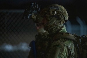 U.S. Air Force Explosive Ordnance Disposal (EOD) technicians listen to a briefing before approaching a booby-trapped train car during the HABU exercise at Misawa Air Base, Japan, Jan. 23, 2024.