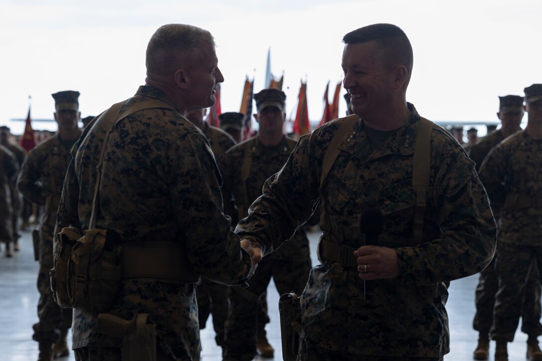 U.S. Marine Corps Lt. Gen. Roger B. Turner, the oncoming III Marine Expeditionary Force Commanding General, addresses guests during the III MEF change of command ceremony on Marine Corps Air Station Futenma, Okinawa, Japan, Jan. 26, 2024. During the ceremony, Lt. Gen. James W. Bierman relinquished his duties as commanding general of III MEF to Lt. Gen. Roger B. Turner. (U.S. Marine Corps photo by Sgt. Savannah Mesimer)