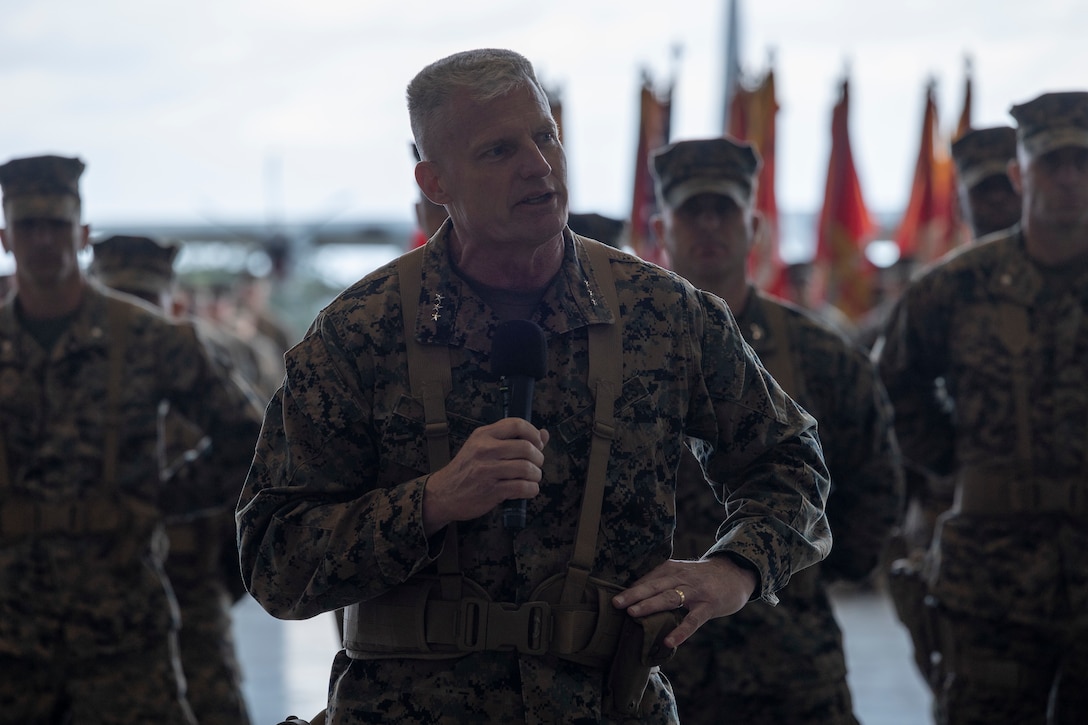 U.S. Marine Corps Lt. Gen. Roger B. Turner, the oncoming III Marine Expeditionary Force Commanding General, addresses guests during the III MEF change of command ceremony on Marine Corps Air Station Futenma, Okinawa, Japan, Jan. 26, 2024. During the ceremony, Lt. Gen. James W. Bierman relinquished his duties as commanding general of III MEF to Lt. Gen. Roger B. Turner. (U.S. Marine Corps photo by Sgt. Savannah Mesimer)