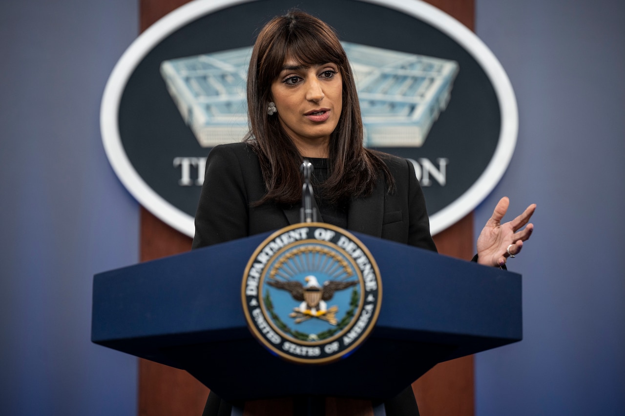 A civilian stands and speaks at a lectern adorned with a DOD seal.