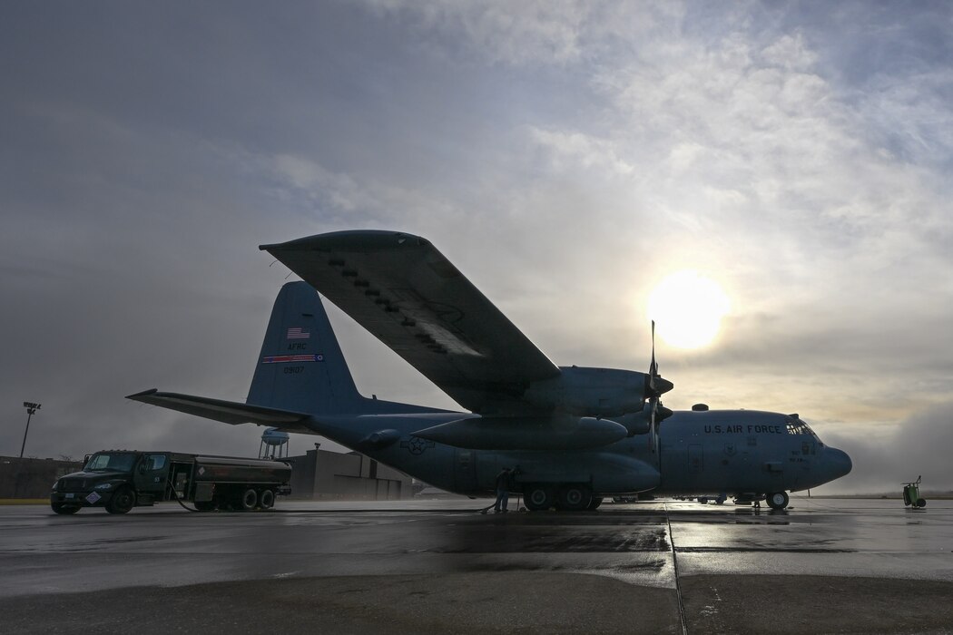 A C-130H Hercules aircraft receives fuel at Youngstown Air Reserve Station, Ohio, Jan. 25, 2024.