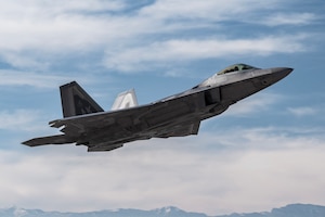 An F-22 Raptor assigned to the 3rd Wing, Joint Base Elmendorf-Richardson, Alaska, takes off