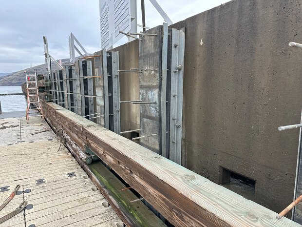 Guide wall section with timber removed (looking upstream).