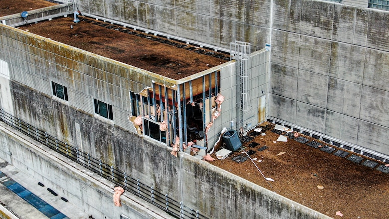 This is an aerial view taken Dec. 10, 2023, of the damage sustained to the Old Hickory Hydropower Plant when a tornado struck the area the day before on the shoreline of Old Hickory Lake in Hendersonville, Tennessee.