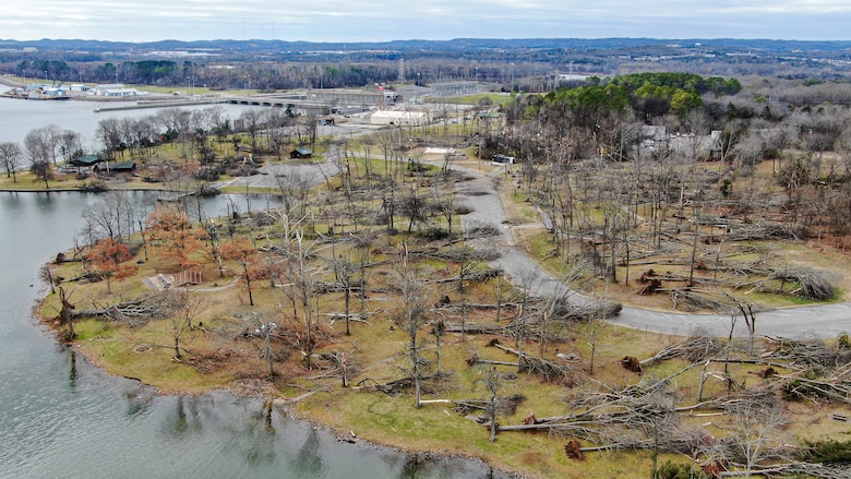 This is an aerial view taken Dec. 10, 2023, of the damage sustained to Rockland Recreation Area when a tornado struck the area the day before on the shoreline of Old Hickory Lake in Hendersonville, Tennessee.