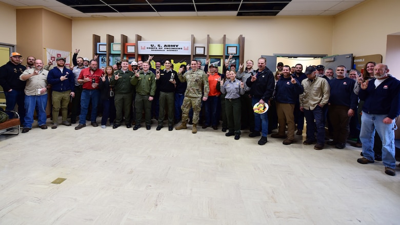 Lt. Col. Robert W. Green, U.S. Army Corps of Engineers Nashville District commander, presents the “Rocking It” Trophy Jan. 25, 2024, to the team at Old Hickory Dam and Lake and Electronic Service Section that has been working tirelessly in response to a Tornado that struck the area Dec. 9, 2023. Green made the presentation at the Old Hickory Dam Power Plant on the Cumberland River in Hendersonville, Tennessee. The commander presents the “Rocking It” trophy to work centers and teams for various initiatives and accomplishments to recognize excellence and build stronger morale. (USACE Photo by Lee Roberts)