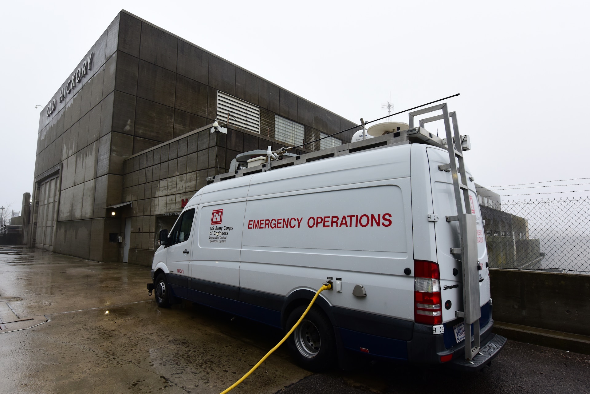 A Mobile Communications Vehicle is positioned at Old Hickory Dam Jan. 25, 2024, where it continues to provide communications to the project facilities affected by an outage when a tornado struck the area Dec. 9, 2023. (USACE Photo by Lee Roberts)