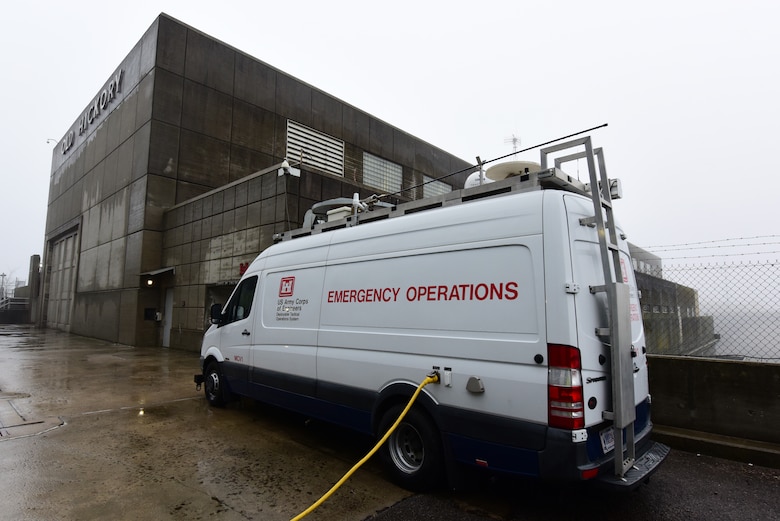 A Mobile Communications Vehicle is positioned at Old Hickory Dam Jan. 25, 2024, where it continues to provide communications to the project facilities affected by an outage when a tornado struck the area Dec. 9, 2023. (USACE Photo by Lee Roberts)