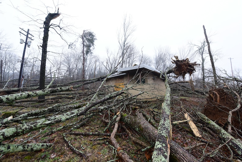Debris is strewn around and on top of a restroom facility at Rockland Recreation Area Jan. 25, 2024, from when a tornado struck the area Dec. 9, 2023. The recreation area is on the shoreline of Old Hickory Lake in Hendersonville, Tennessee. The U.S. Army Corps of Engineers Nashville District is assessing the damage and working to determine the necessary repair and rebuilding actions that will be required to restore and reopen the area. (USACE Photo by Lee Roberts)