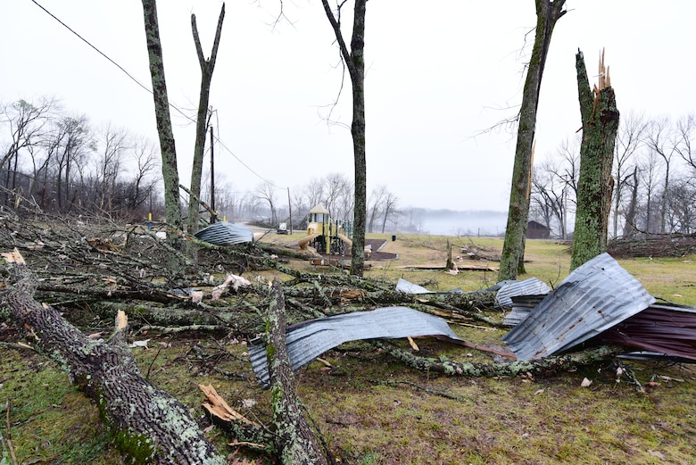 The area around the playground at Rockland Recreation Area on the shoreline of Old Hickory Lake looks like a war zone Jan. 25, 2024, the result of when a tornado struck the area Dec. 9, 2023. The U.S. Army Corps of Engineers Nashville District continues to assess the damage as part of its efforts to make repairs and rebuild. (USACE Photo by Lee Roberts)