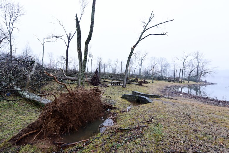 Rockland Recreation Area on the shoreline of Old Hickory Lake looks like a war zone Jan. 25, 2024, the result of when a tornado struck the area Dec. 9, 2023. The U.S. Army Corps of Engineers Nashville District continues to assess the damage as part of its efforts to make repairs and rebuild. (USACE Photo by Lee Roberts)