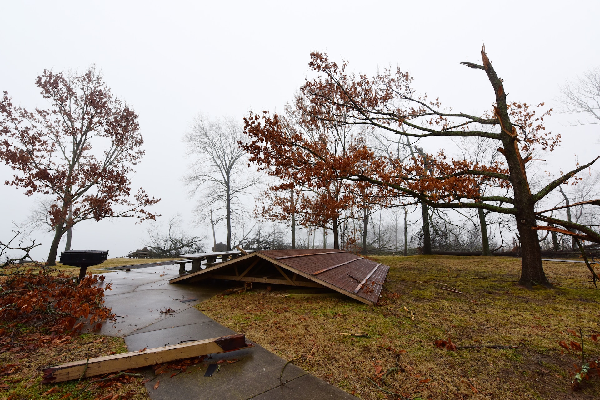 The roof of a picnic shelter sits on the ground at Rockland Recreation Area on the shoreline of Old Hickory Lake Jan. 25, 2024, the result of when a tornado struck the area Dec. 9, 2023. The U.S. Army Corps of Engineers Nashville District continues to assess the damage as part of its efforts to make repairs and rebuild. (USACE Photo by Lee Roberts)