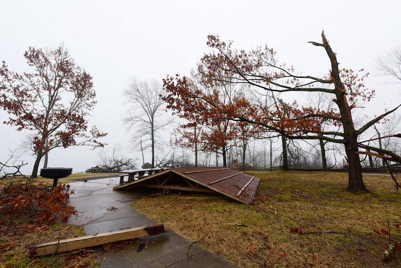 The roof of a picnic shelter sits on the ground at Rockland Recreation Area on the shoreline of Old Hickory Lake Jan. 25, 2024, the result of when a tornado struck the area Dec. 9, 2023. The U.S. Army Corps of Engineers Nashville District continues to assess the damage as part of its efforts to make repairs and rebuild. (USACE Photo by Lee Roberts)