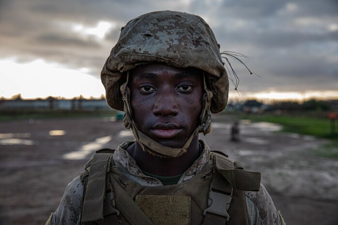 U.S. Marine Corps Recruit Groundfini Kudee, poses for a picture during the Crucible at Marine Corps Base Camp Pendleton, California, Jan. 23, 2024. The Crucible is a 54-hour exercise where recruits apply the knowledge and training they’ve learned throughout recruit training to earn the title of United States Marine. Kudee was recruited out of Lincoln, Nebraska. (U.S. Marine Corps photo by Lance Cpl. Sarah M. Grawcock)