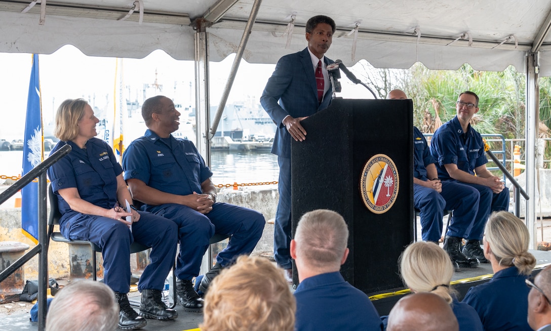 Mayor Reggie Burgess of the City of North Charleston, addresses the audience during a Coast Guard groundbreaking ceremony for a new Base Charleston campus in North Charleston, South Carolina, Jan. 26, 2024.
