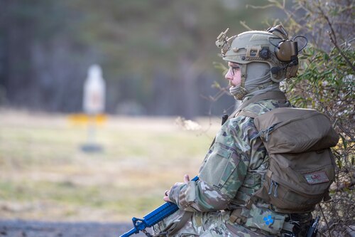 A U.S. Air Force Explosive Ordnance Disposal (EOD) technician assesses his situation before approaching a training Unexploded Ordnance (UXO) during the HABU exercise at Misawa Air Base, Japan, Jan. 23, 2024.