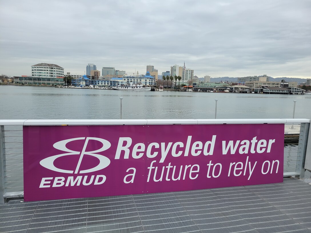 Pink sign with white letters saying recycled water, a future to rely on.