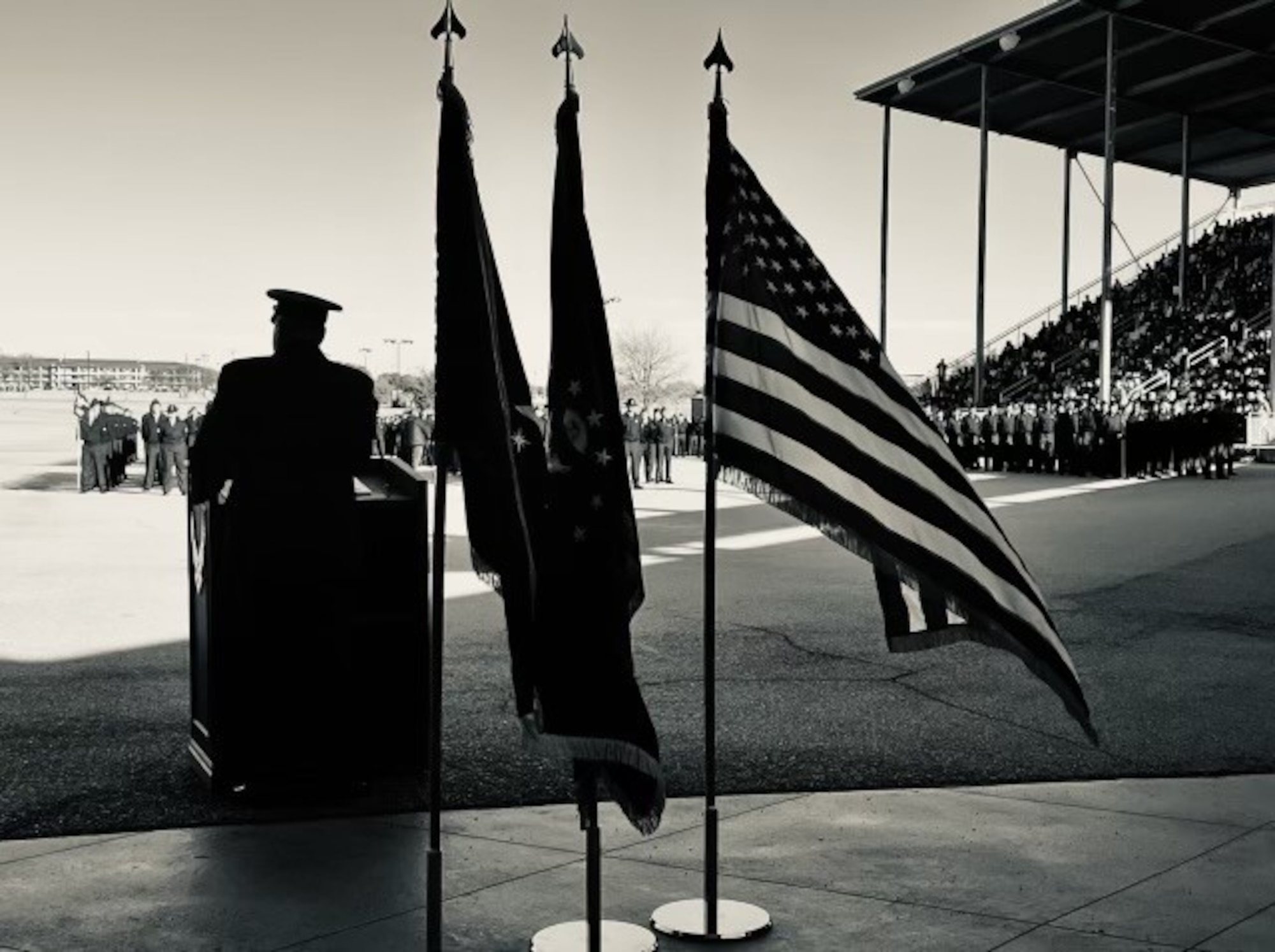 Col. Joseph "20 Grit" Contino, 914th Air Refueling Wing commander, gives the keynote address at a Basic Military Training graduation ceremony.