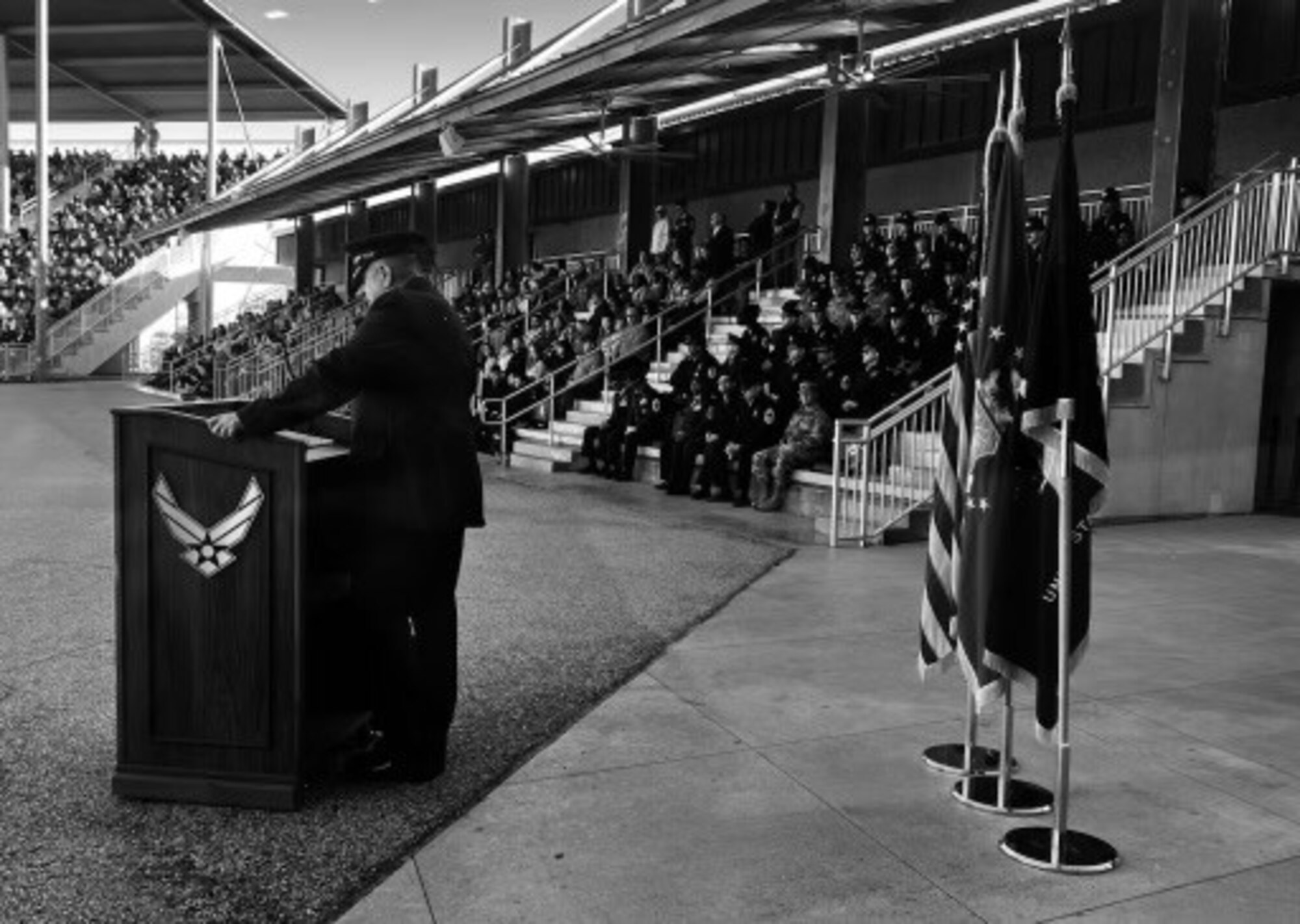 Col. Joseph "20 Grit" Contino, 914th Air Refueling Wing commander, gives the keynote address at a Basic Military Training graduation ceremony.
