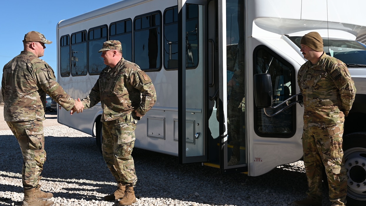 U.S. Air Force Lt. Col. Benjamin Williams, 313th Training Squadron commander, greets Brig. Gen. William Kale, Air Force Civil Engineer Center commander, Goodfellow Air Force Base, Texas, Jan. 18, 2024. AFCEC oversees all CE requirements across the Air Force, including facility investment planning, design and construction, operations support, property management and oversight, energy support, environmental compliance and restoration, and readiness and emergency management. (U.S. Air Force photo by Airman 1st Class Evelyn D’Errico)