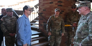 U.S. Air Force Brig. Gen. William Kale, Air Force Civil Engineer Center commander, listens to the 344th Military Intelligence Battalion student housing brief during his visit, Goodfellow Air Force Base, Texas, Jan. 18, 2024. The team discussed improvement plans for dormitory housing on the installation. (U.S. Air Force photo by Airman 1st Class Evelyn D’Errico)