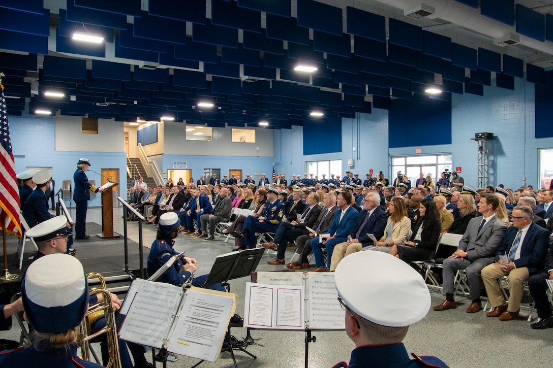 Adm. Linda Fagan, commandant of the Coast Guard, delivers a speech during a Coast Guard Community Designation Ceremony for Greater Charleston in Charleston, South Carolina, Jan. 26, 2024.