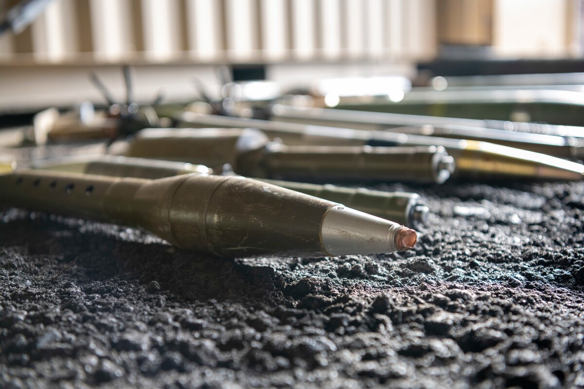 Training UXOs (Unexploded Ordnance) lay lined up during the HABU exercise at Misawa Air Base, Japan, Jan. 23, 2024.