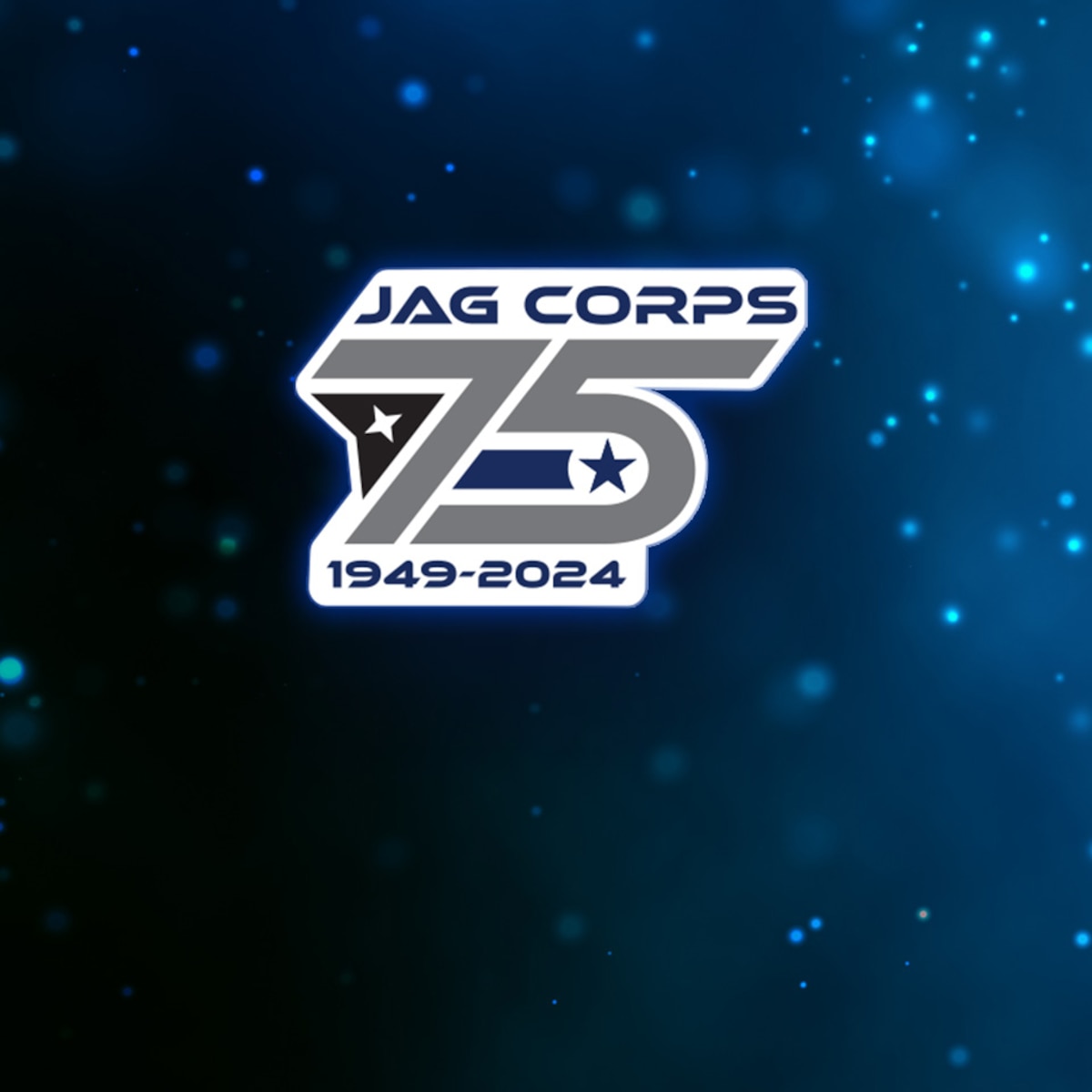 JAG Corps 75th Anniversary logo over blue glitter background [image is not public domain].