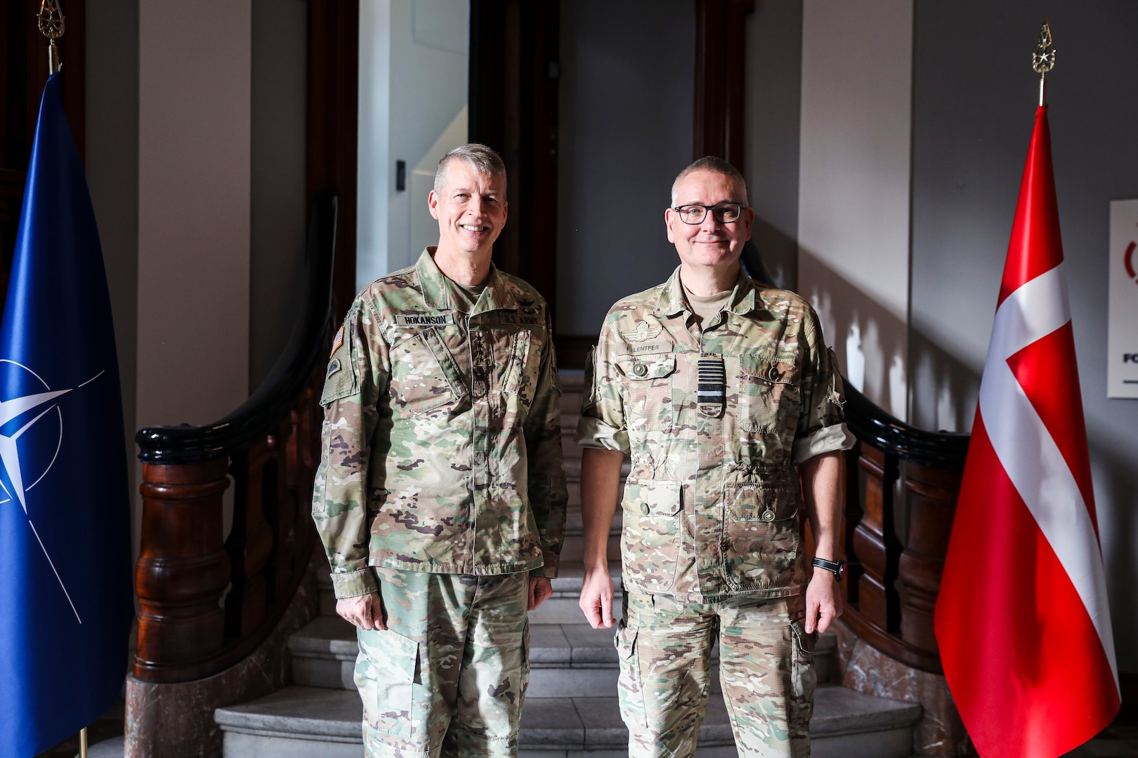 Army Gen. Daniel Hokanson, chief of the National Guard Bureau, left, stands for a photo with Gen. Flemming Lentfer, the Danish Chief of Defense, at the Ministry of Defense, Copenhagen, Denmark, Jan. 23, 2024.