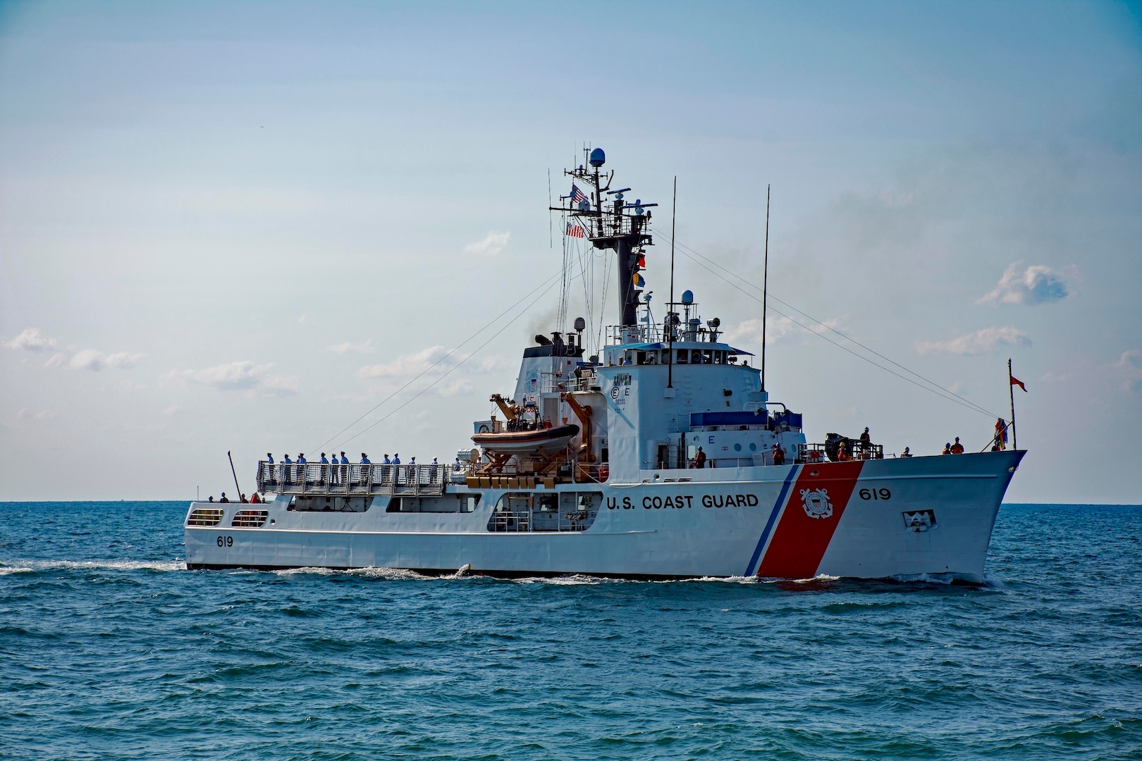 The Coast Guard Cutter Confidence is shown on a patrol in April 2018. The Confidence is a 210-foot medium endurance cutter homeported out of Cape Canaveral, Florida. (Coast Guard photo)