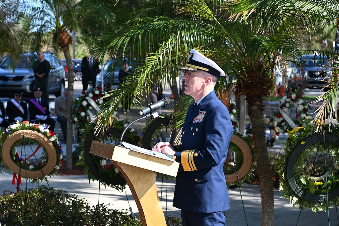 Vice Admiral Lunday, the commander of the Coast Guard's Atlantic area, speaks to guests about the impact the CGC Blackthorn had on safety, Jan. 28, 2024, St. Petersburg, Florida. 44 years ago, Blackthorn collided with the motor vessel Capricorn near the Skyway Bridge and 23 members of the crew were lost. (U.S. Coast Guard photo by Petty Officer 3rd Class Nicholas Strasburg)