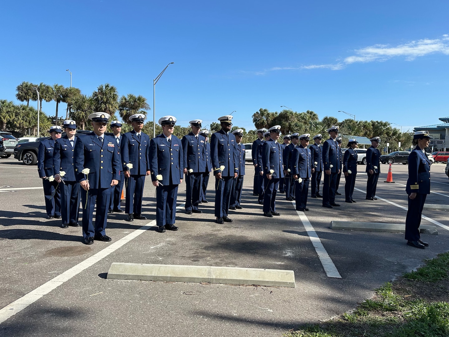 Volunteers from Coast Guard units represent the 23 fallen Coast Guard Cutter Blackthorn crew members in an honor platoon, Jan. 28, 2024, St. Petersburg, Florida. 44 years ago, the Blackthorn collided with the motor vessel Capricorn near the Skyway Bridge. (U.S. Coast Guard photo by Petty Officer 1st Class Nicole J. Groll)