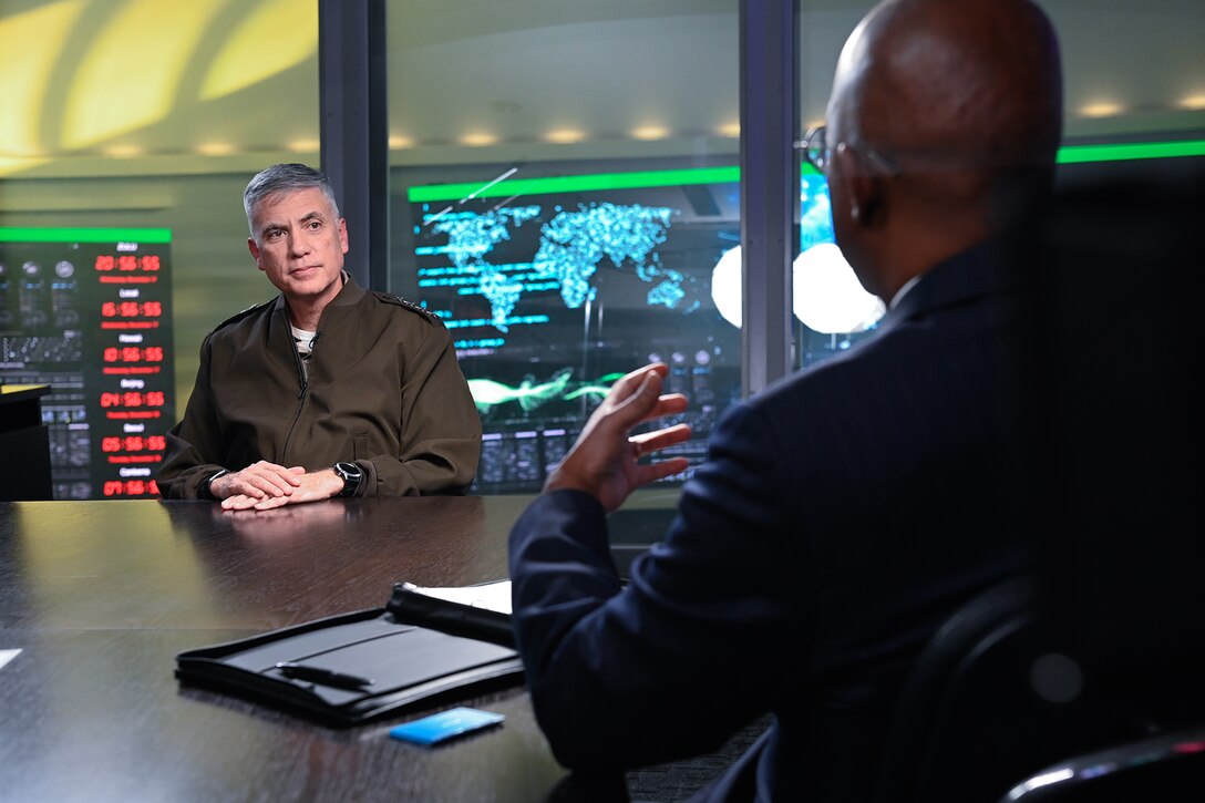 General Nakasone is interviewed in one of the many battle bridges used to support crisis events.