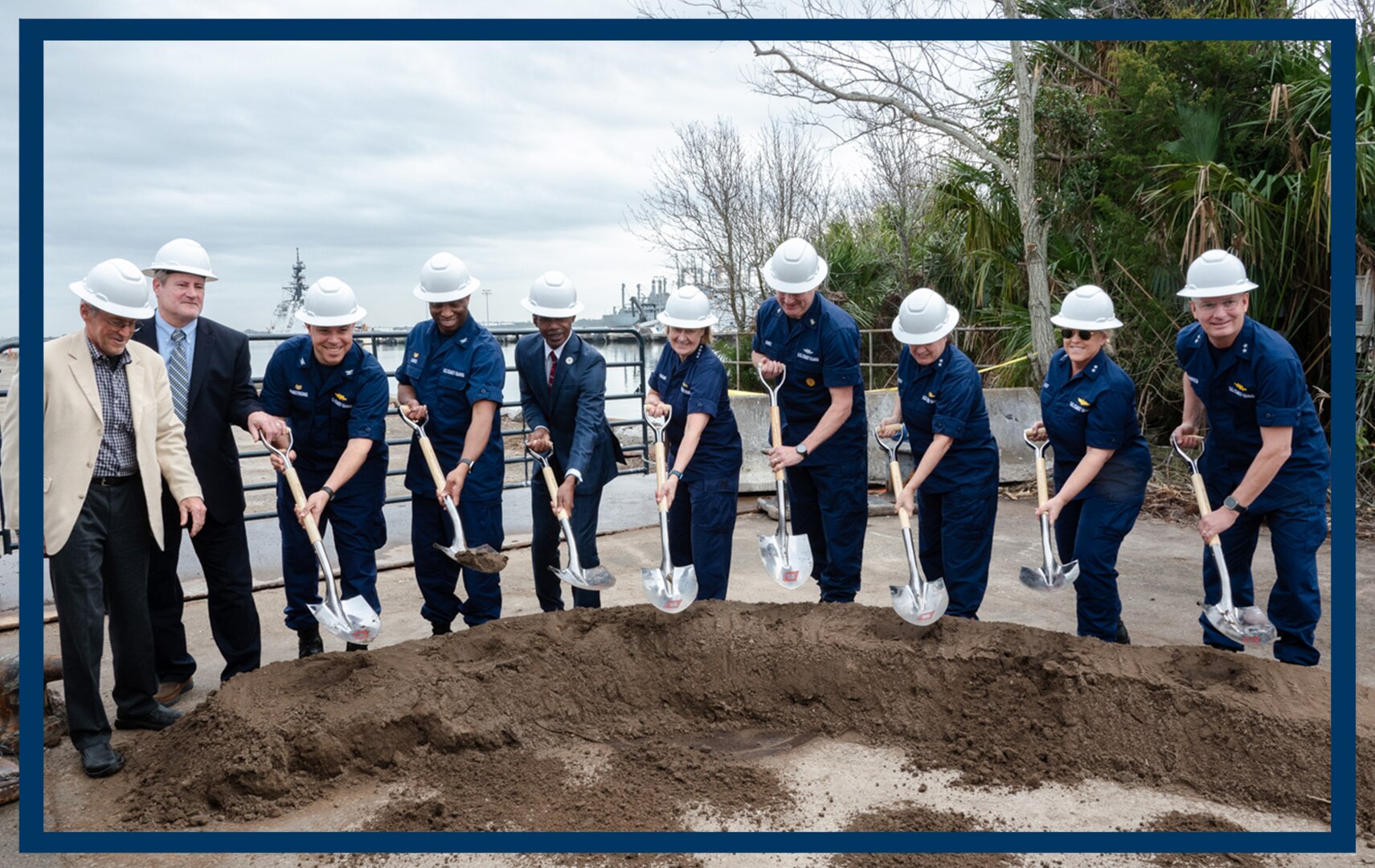 Craig Rayner, Vice President of Whiting-Turner, left, George Rogers, President and CEO of RQ Construction, Capt. Neal Armstrong, Facilities Design and Construction Center commanding officer, Capt. Eric Jones, commander of Coast Guard Base Charleston, Mayor Reggie Burgess, City of North Charleston, Adm. Linda Fagan, commandant of the Coast Guard, Master Chief Heath Jones, Master Chief Petty Officer of the Coast Guard, Rear Adm. Laura Dickey, Deputy for Materiel Readiness, Rear Adm. Carola List, commander of Operational Logistics Command, Rear Adm. Douglas Schofield, commander of Coast Guard District Seven, break ground during a Coast Guard groundbreaking ceremony for a new Base Charleston campus in North Charleston, South Carolina, Jan. 26, 2024. The 64-acre campus along the Cooper River will support the five Charleston-based national security cutters, their crews, and the support personnel. (U.S. Coast Guard photo by Petty Officer 3rd Class Moreno)