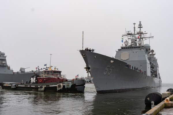 USS Leyte Gulf (CG 55) departs Naval Station Norfolk.