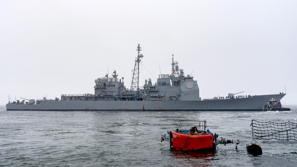 USS Leyte Gulf (CG 55) departs Naval Station Norfolk.